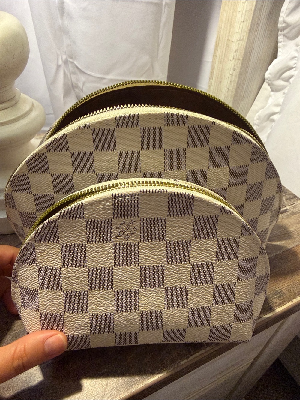 Checkered Cosmetic Pouch Set in Beige and Taupe - Picture 4 of 4
